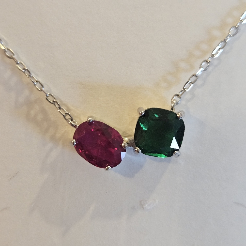 Sterling Silver Necklace with Pink and Green Gemstones